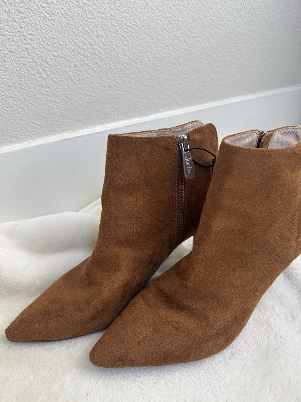 Charles by Charles David Suede Ankle Boots 8.5 Cognac Pointed Toe Kitten Heel - Picture 5 of 9